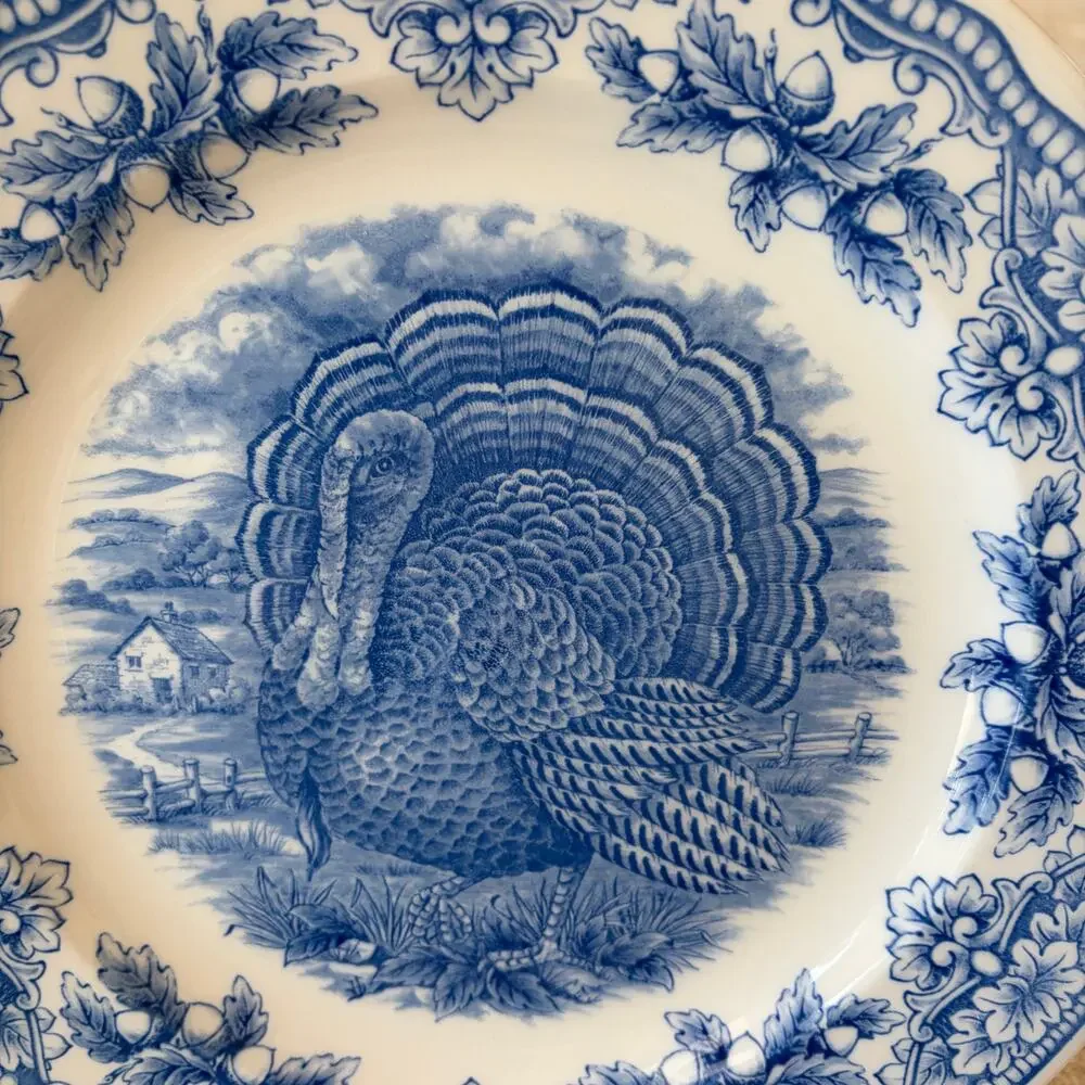 Royal Stafford Thanksgiving TURKEY Dinner Plates 11in Set of 4 Blue NEW